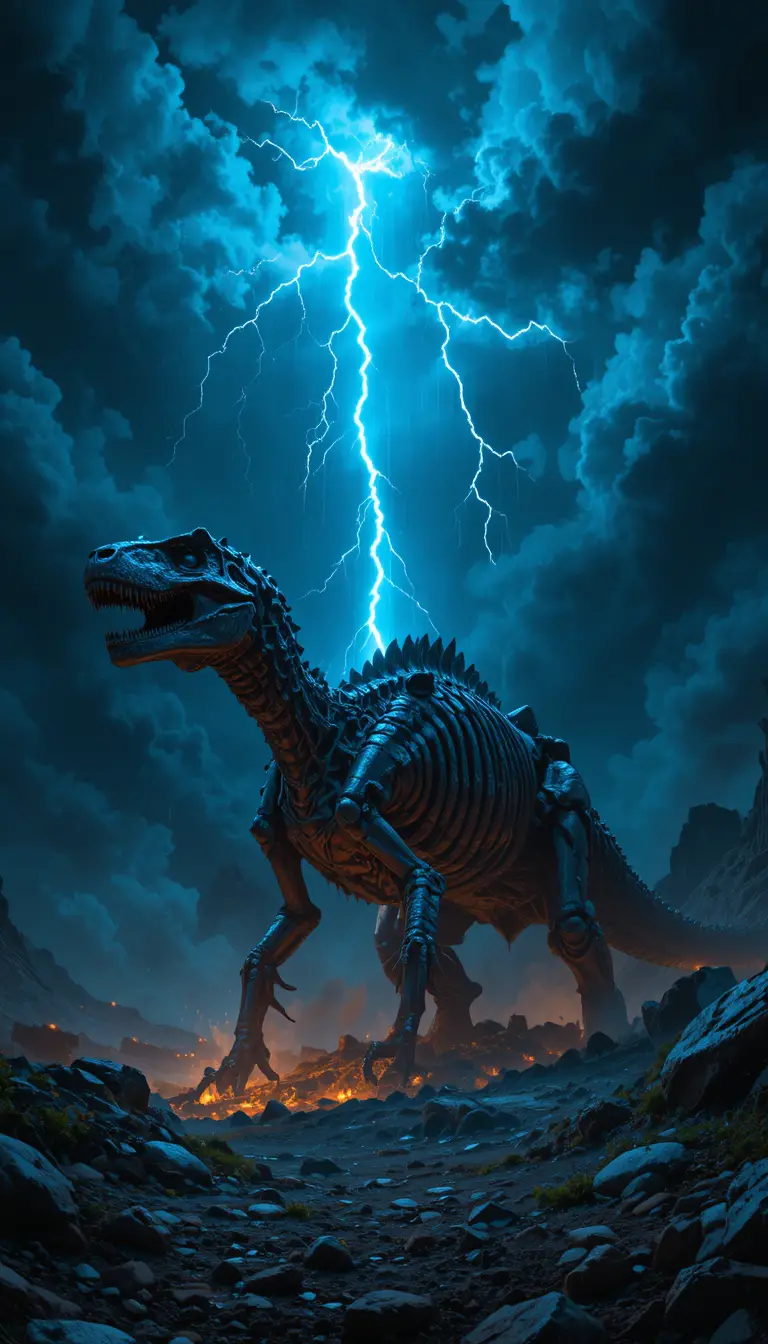 Antiguo esqueleto de dinosaurio iluminado por relámpagos en una noche tormentosa