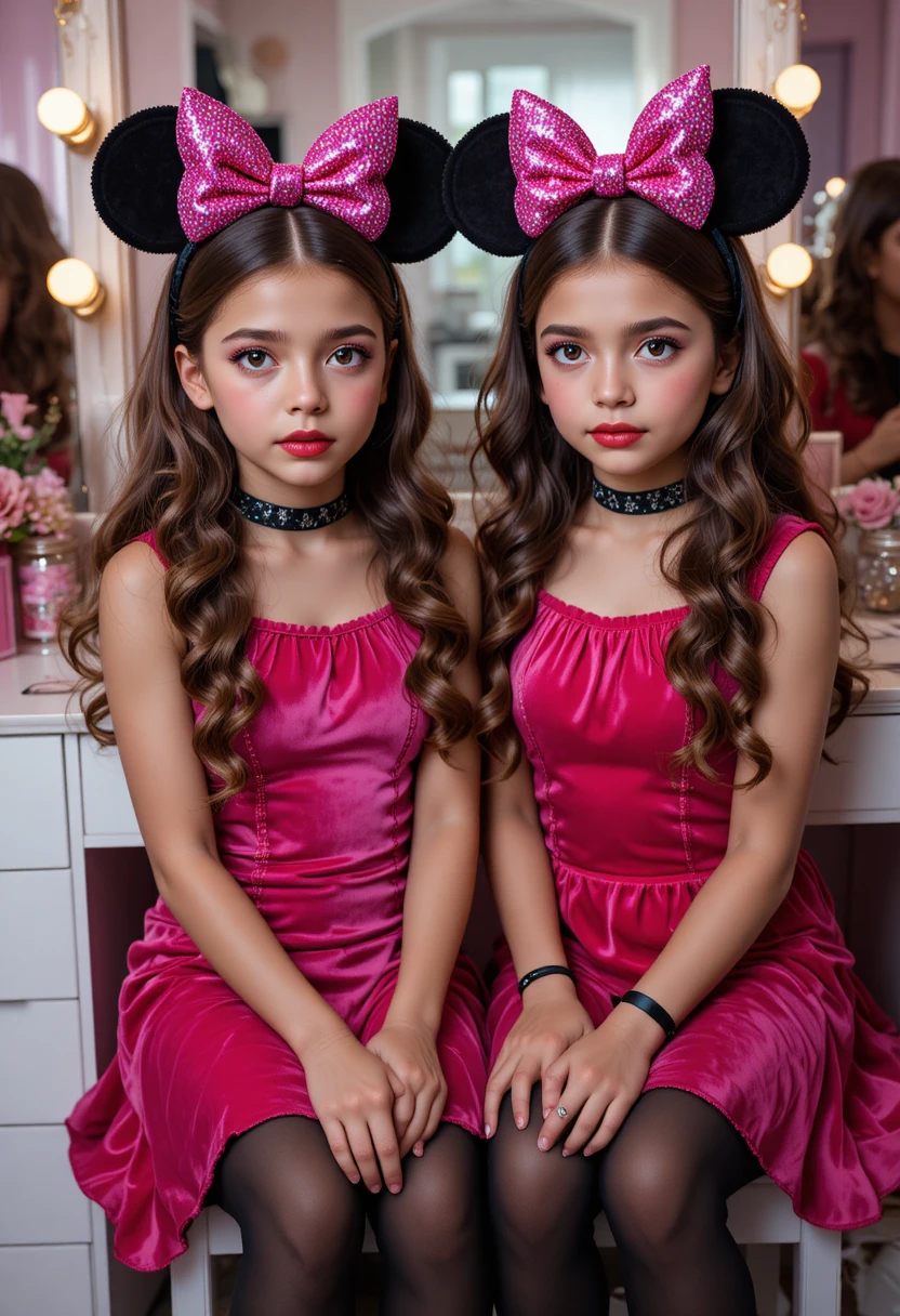 Chicos preadolescentes con vestidos rosas en un tocador de maquillaje