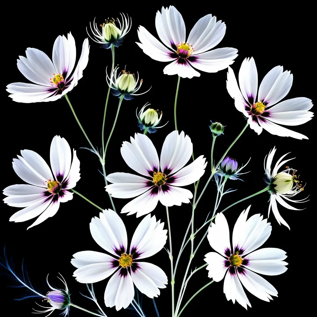 Ramo de flores cosmos en rayos X sobre fondo negro profundo