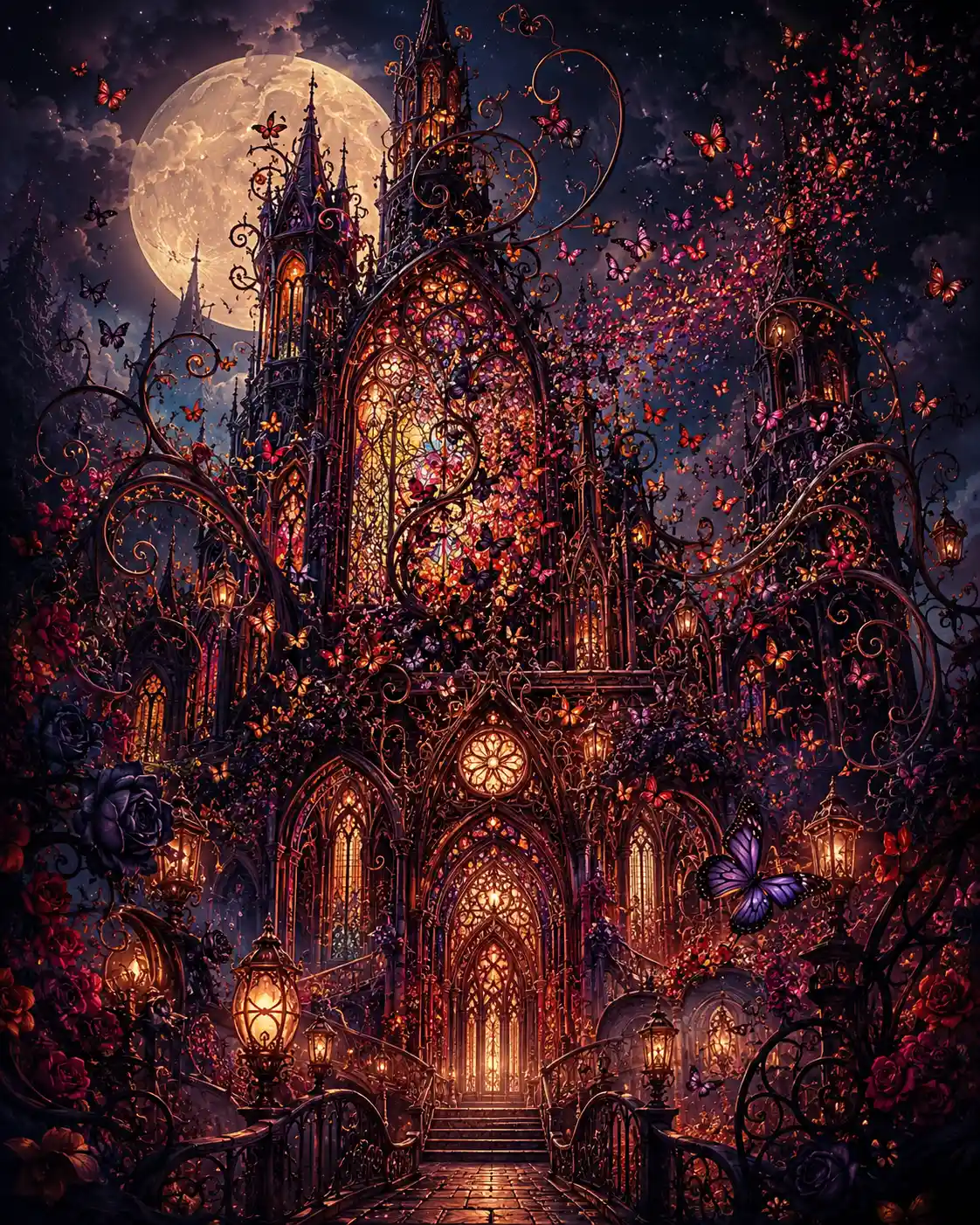 Catedral gótica de mariposas bajo la luz luminosa de la luna