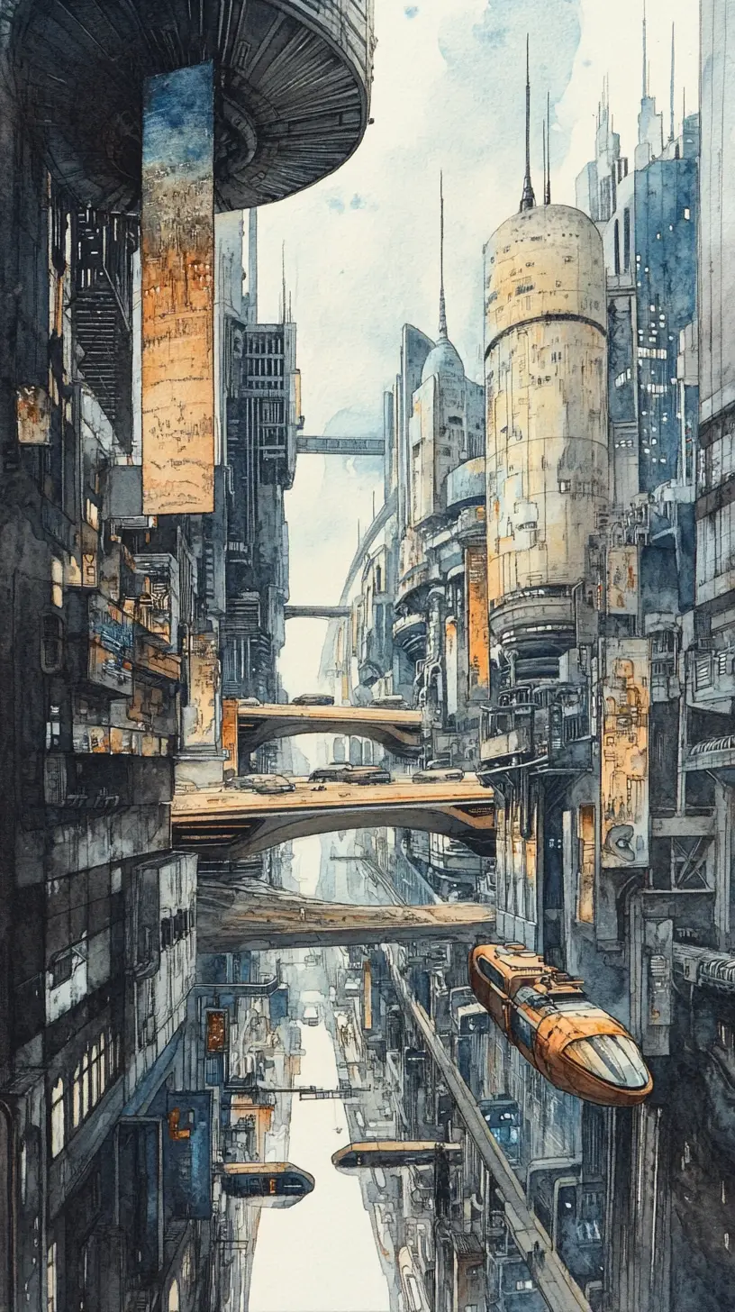 Ciudad Ferroviaria Futurista en Ilustración de Acuarela y Lápiz
