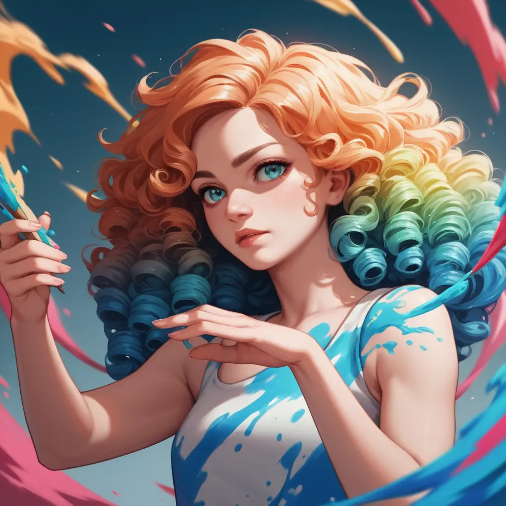 Joven con melena rizada y fluida y salpicaduras de pintura colorida