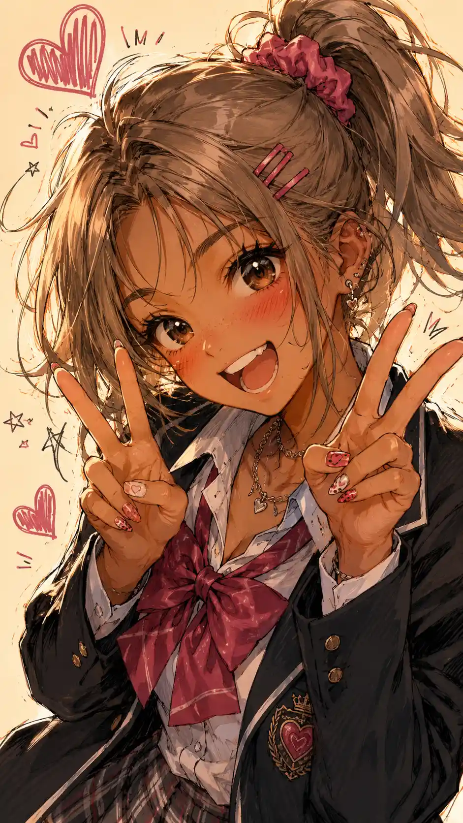 Smiling anime schoolgirl with double peace signs portrait