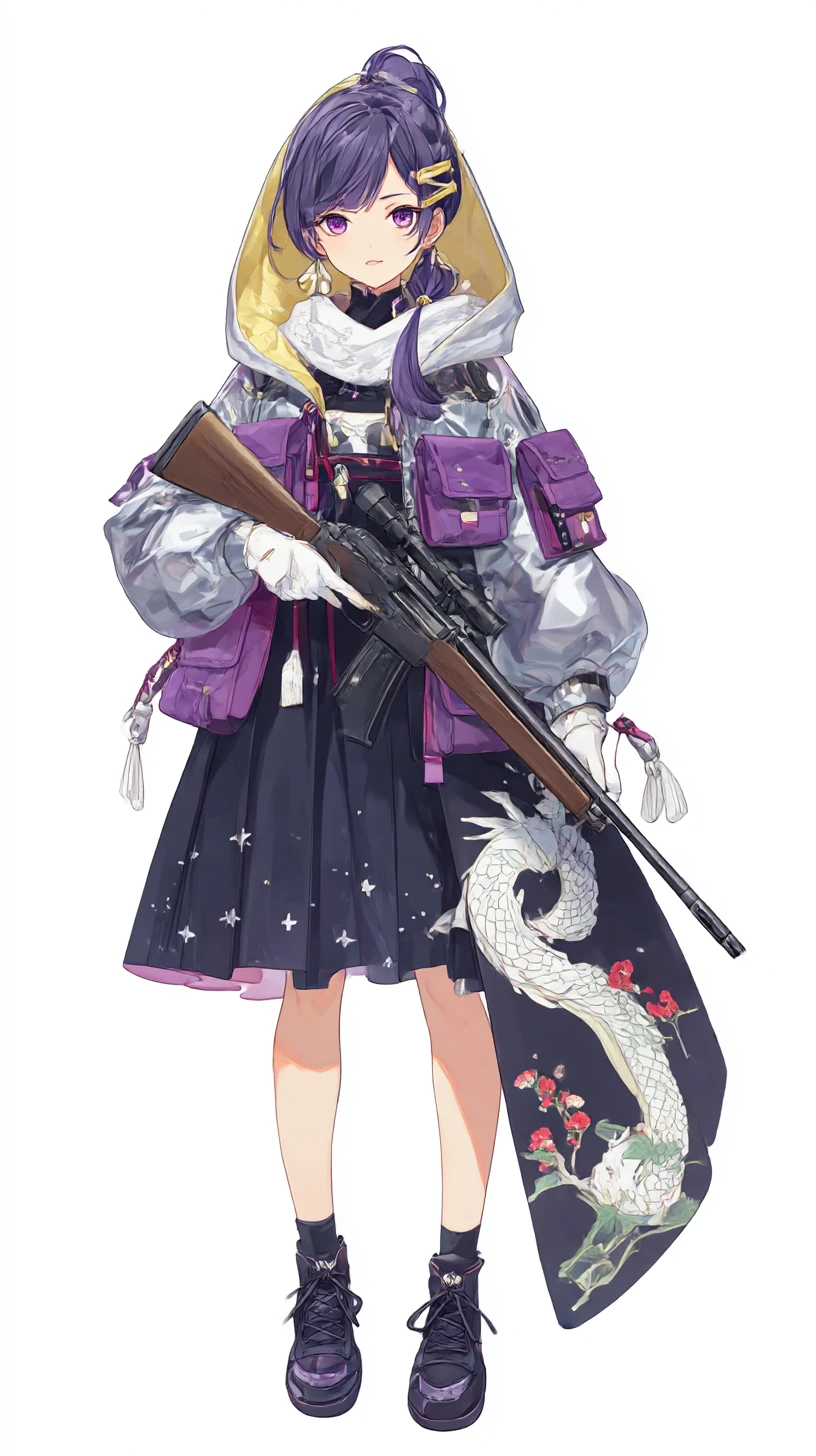 燃燒城市戰區中的持槍動漫少女