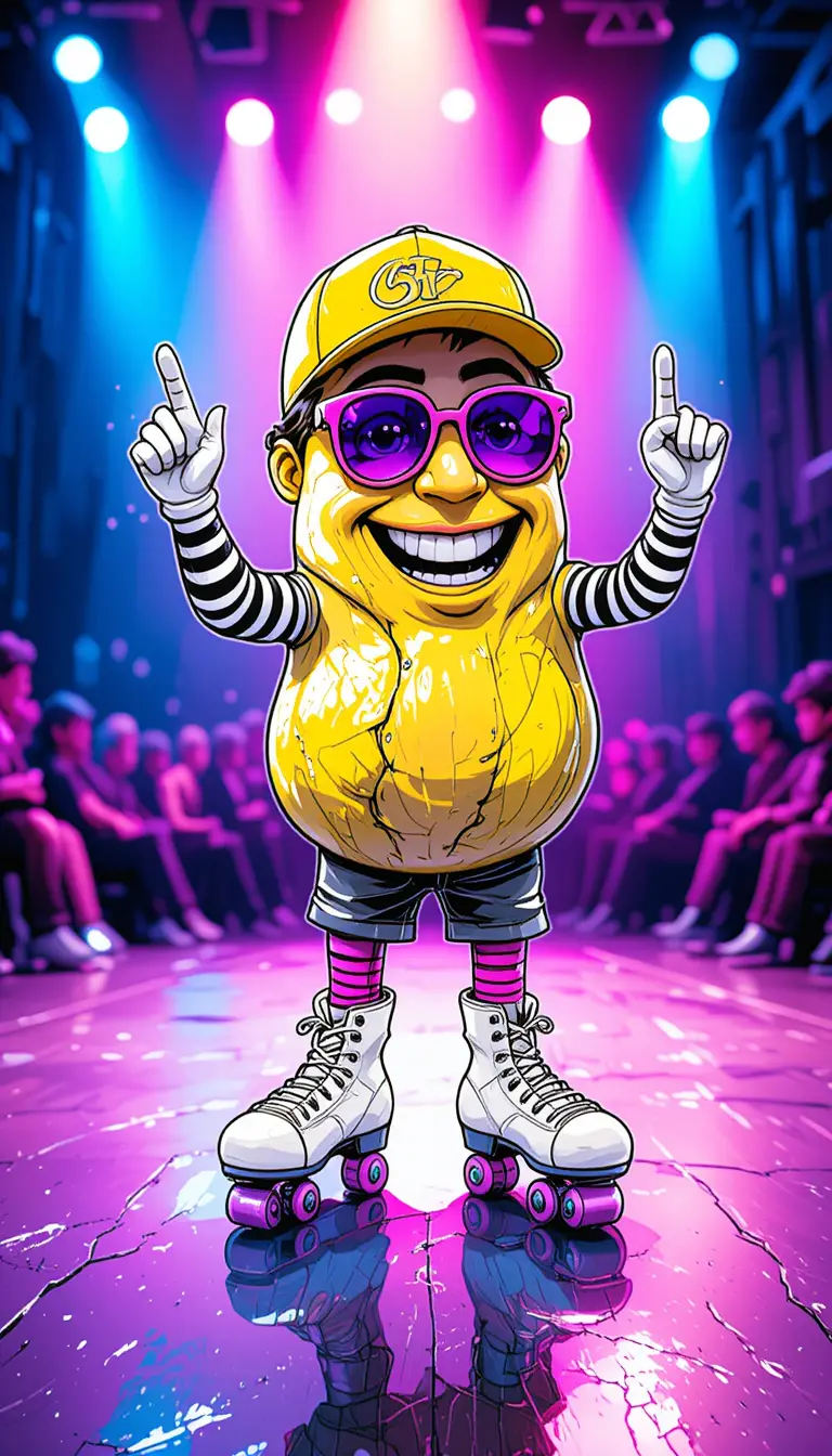 Personaje patata en patines sobre un colorido escenario de concierto