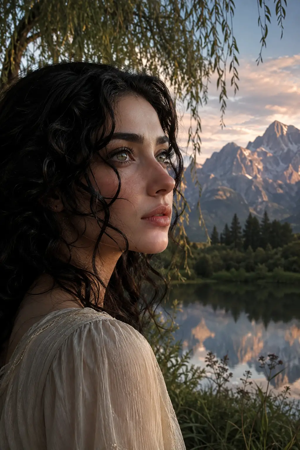 Giovane donna che guarda verso montagne lontane all’alba