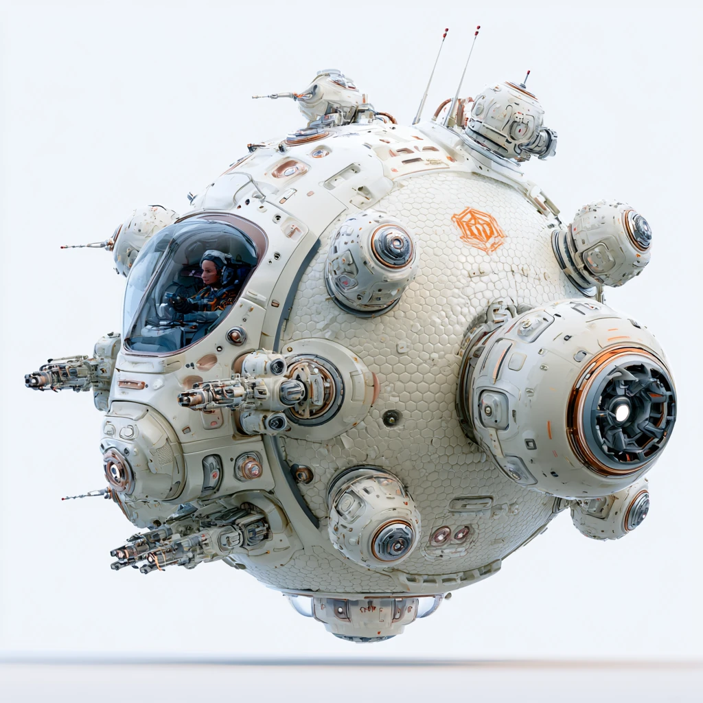 Caza espacial esférico futurista con piloto visible