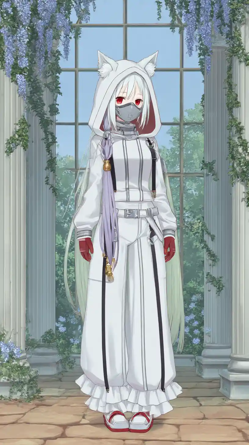 Chica de anime con traje táctico blanco, máscara y trenzas