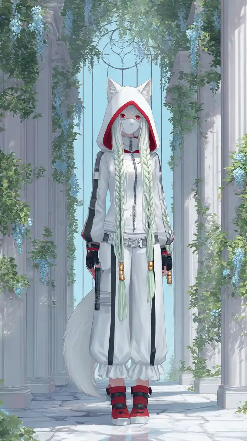 Ragazza anime mascherata con capelli bianchi e outfit tattico