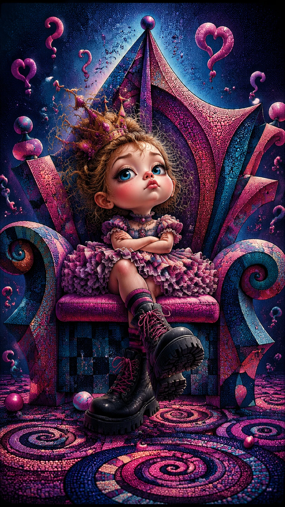 Tiny princess girl on a surreal toy throne
