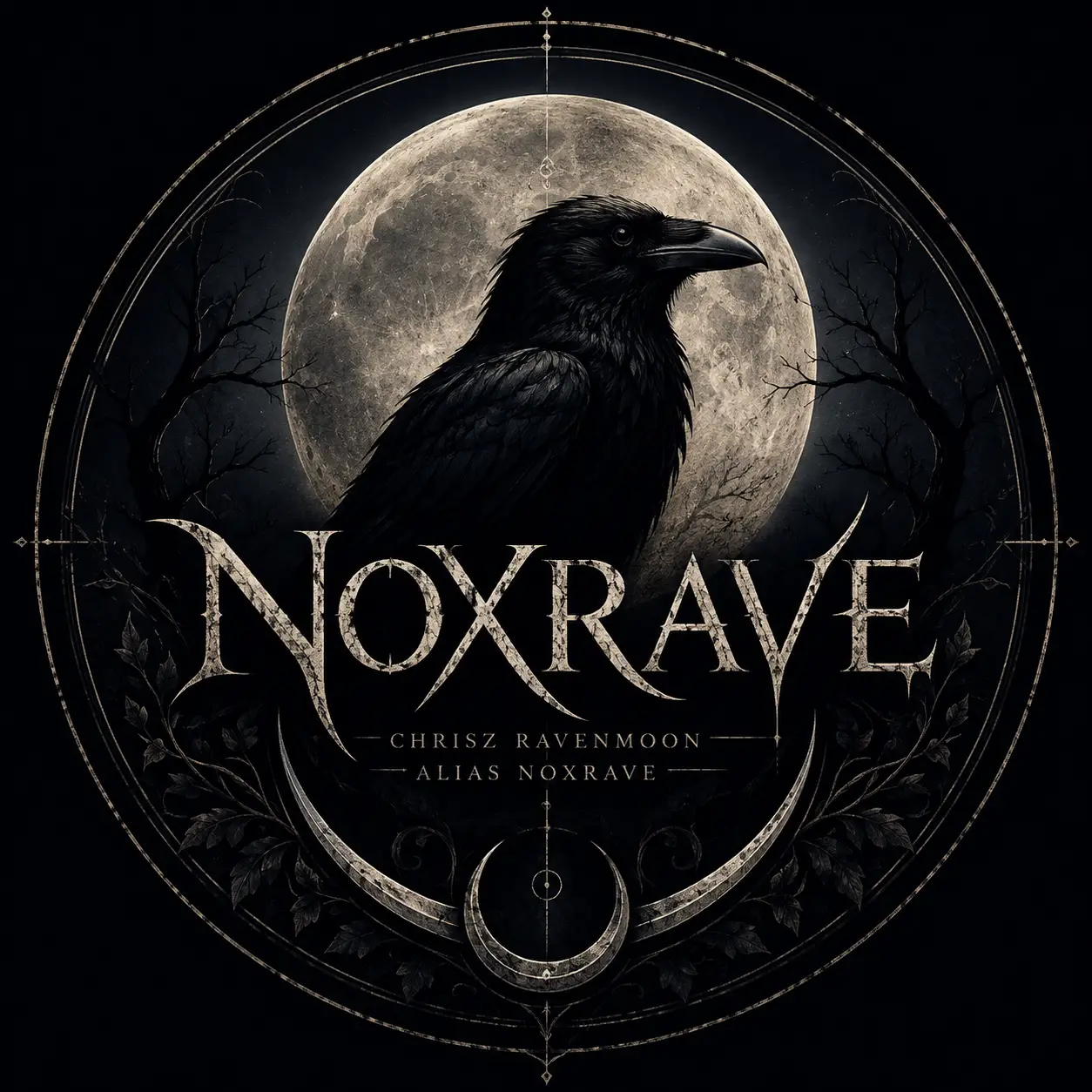 Logotipo de cuervo oscuro y luna para el proyecto musical Noxrave