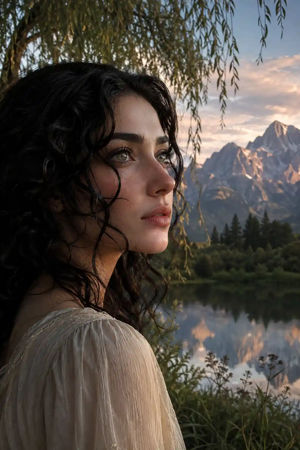 Young woman gazing toward distant mountains at sunrise
