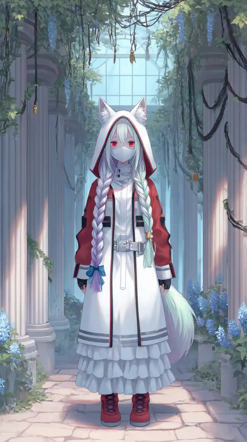 Chica de anime de pelo blanco con máscara y atuendo táctico