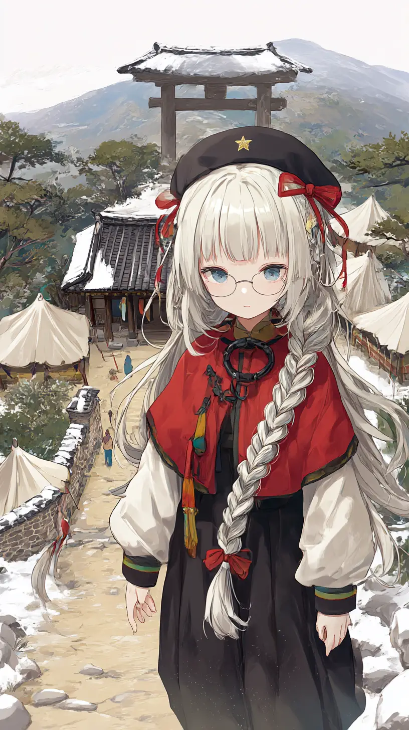 Iglesia de pueblo nevada junto a torre de acero y camino de piedra