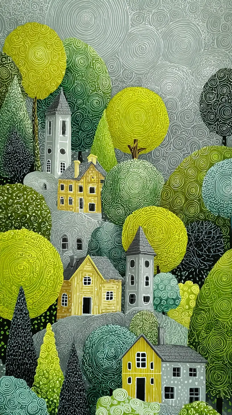 Pintoresco pueblo de arte folclórico con árboles verdes estilizados