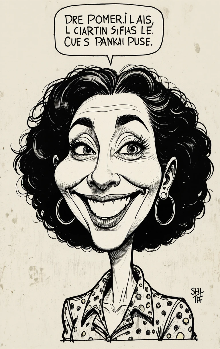 Caricatura humorística de una mujer con el pelo rizado y aros