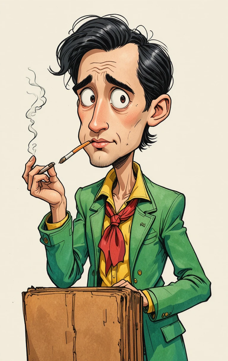 Cartoon portrait of a weary middle aged man smoking