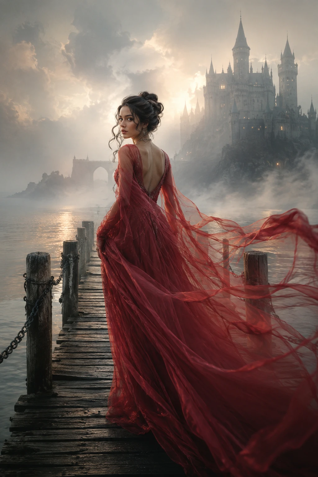 Mujer mística con vestido rojo en un muelle brumoso