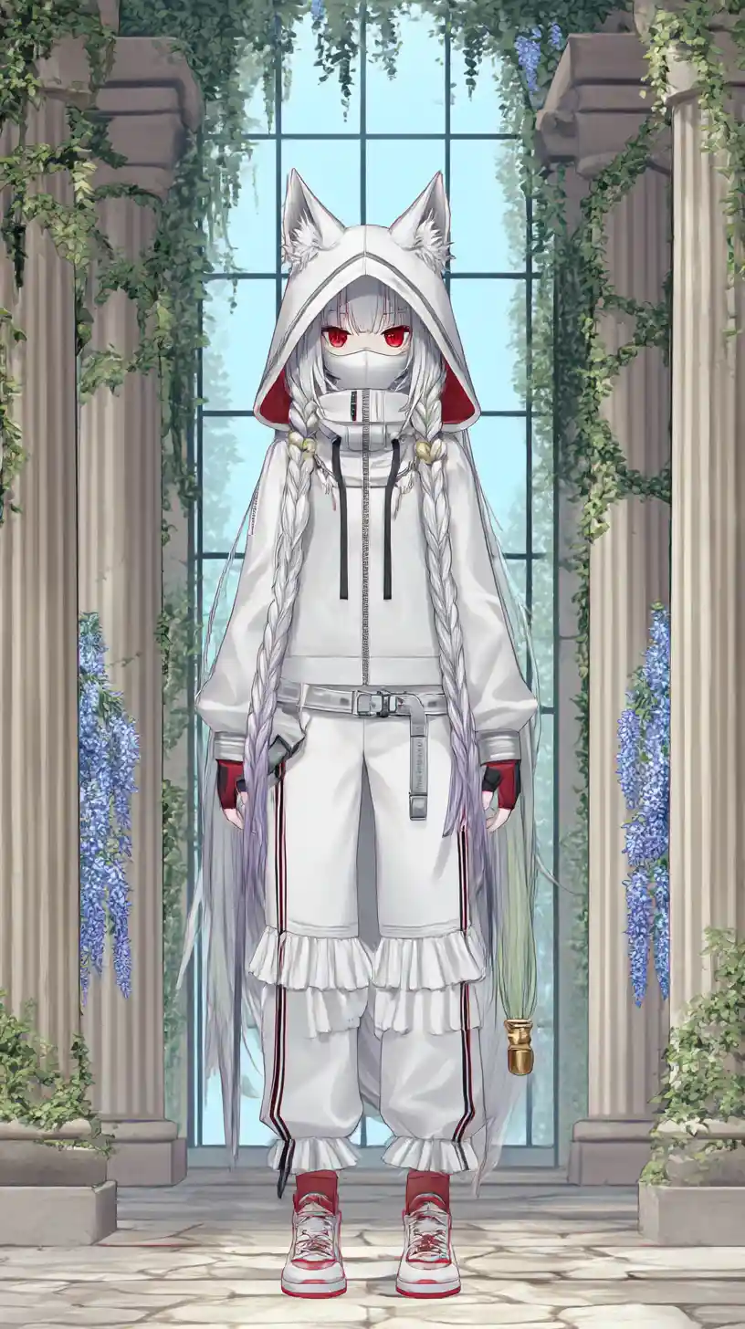 Chica de anime de cabello blanco con traje futurista enmascarado
