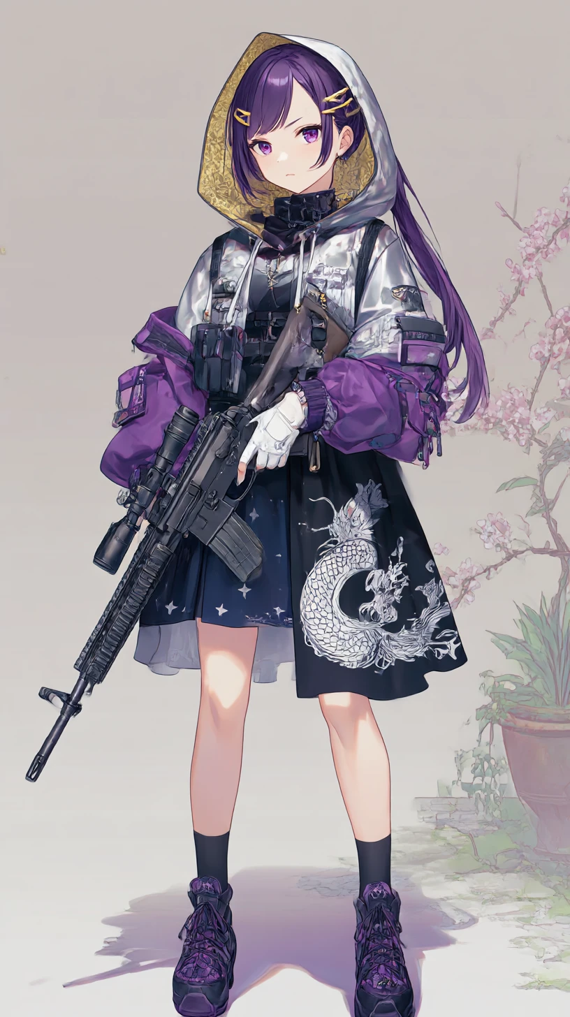 Chica anime con rifle en una zona de guerra urbana en llamas