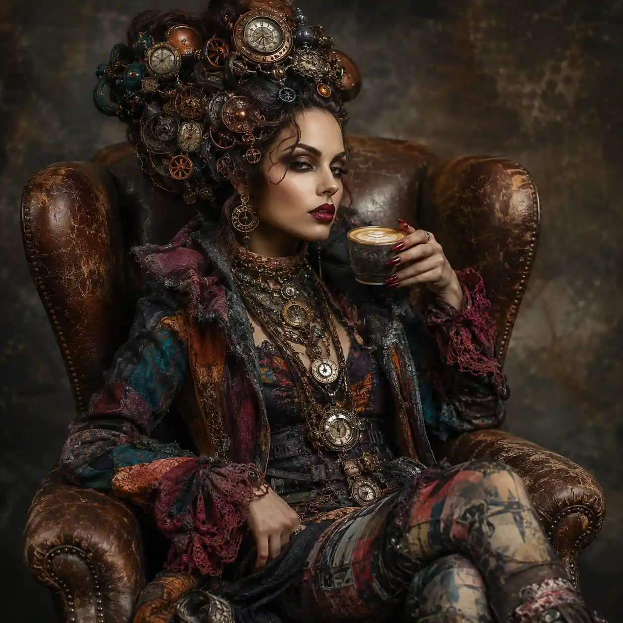 Femme gothique steampunk avec latte dans un fauteuil en cuir