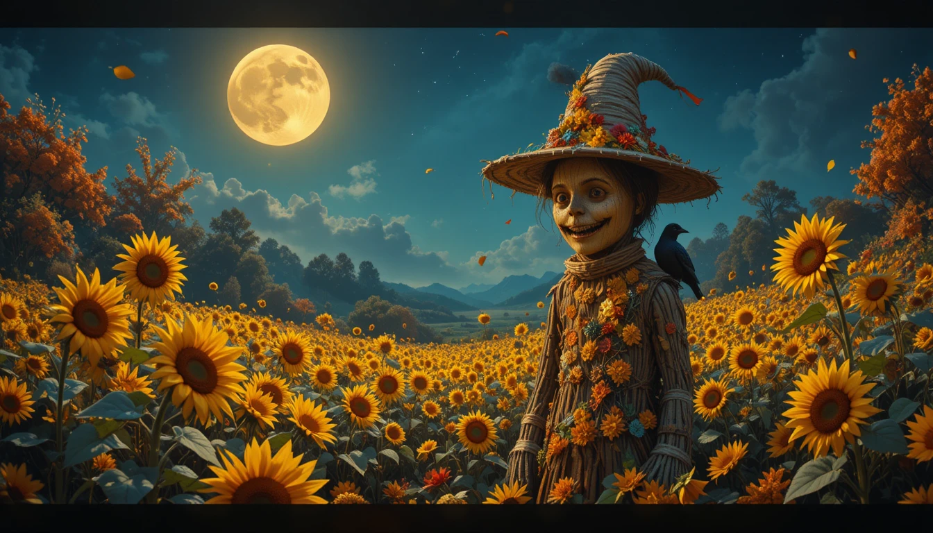 Espantapájaros de girasoles encantador bajo una brillante luna de cosecha