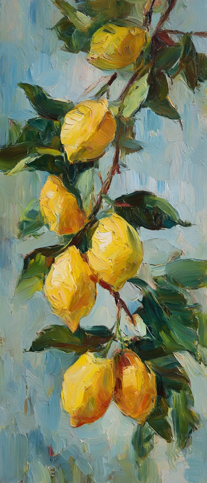 Impressionist oil painting of lemons hanging on leafy branches