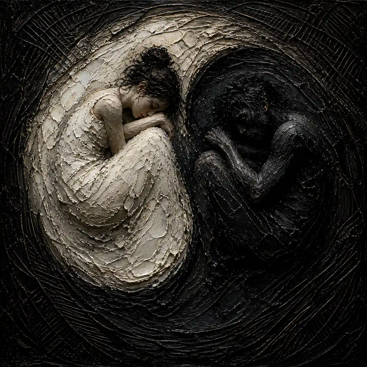 Formas de yin y yang en impasto oscuro entre sombras profundas