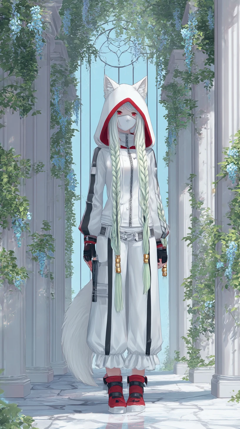 Ragazza anime mascherata con capelli bianchi e outfit tattico