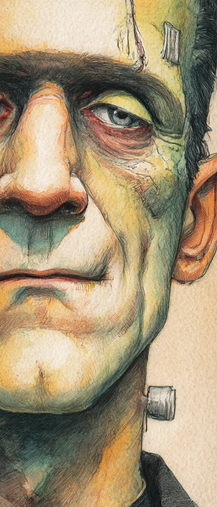 Primer plano en acuarela de una niña con disfraz de Frankenstein