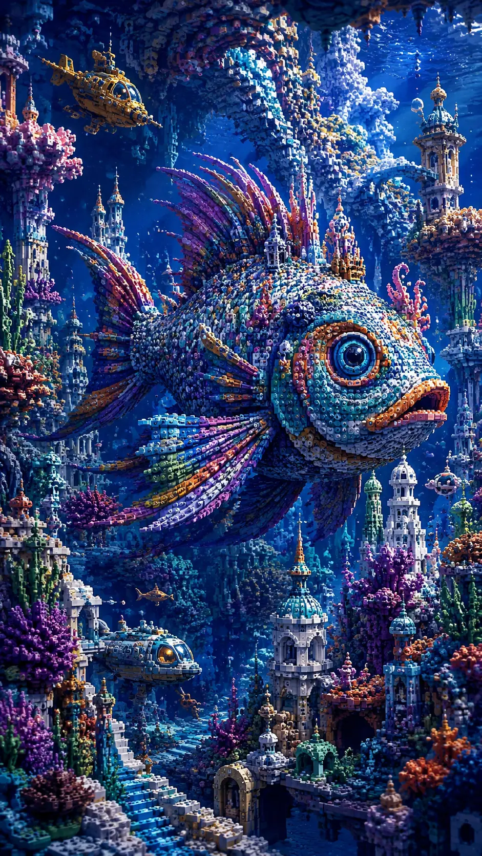 Pez de ladrillos surrealista deslizándose por una ciudad submarina fantástica