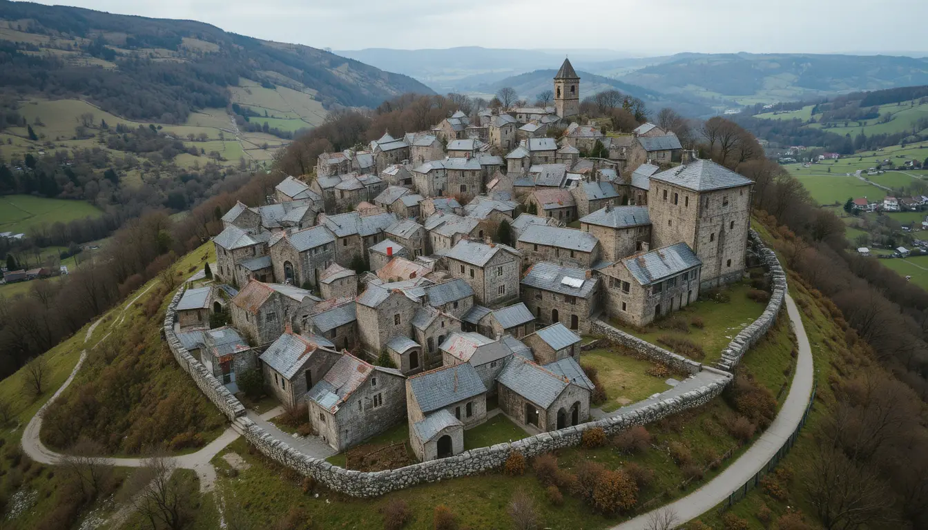 Vista aérea de un pueblo medieval en la ladera bajo un cielo nublado