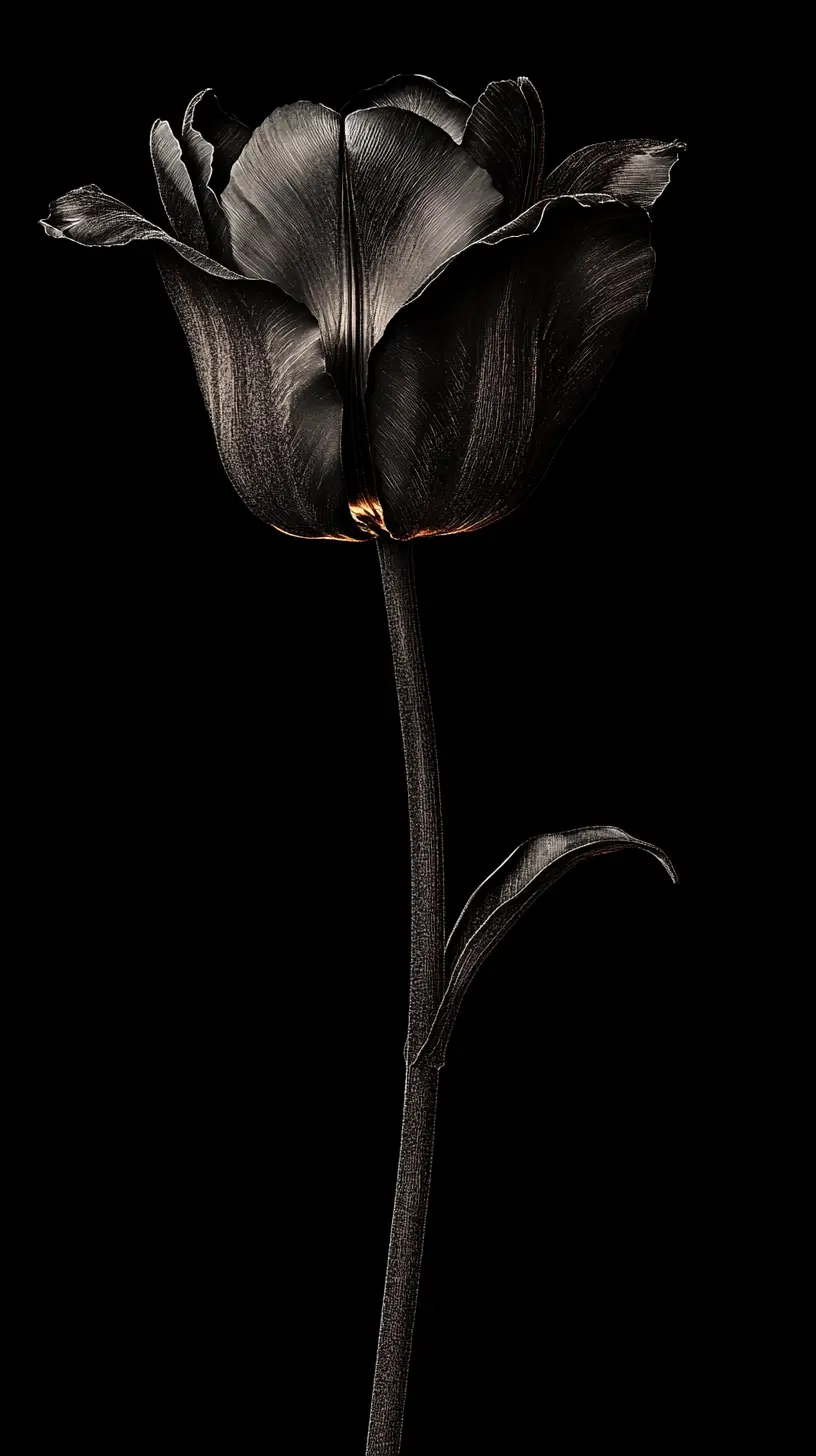 Tulipán negro emergiendo de la oscuridad en una escena botánica surrealista