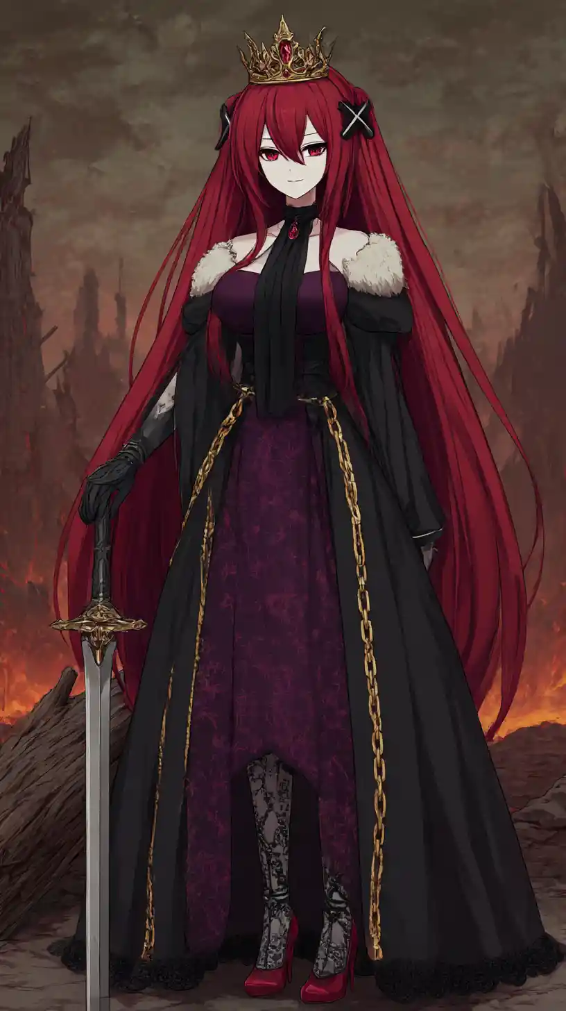 Chica de anime de cabello carmesí con atuendo oscuro y regio