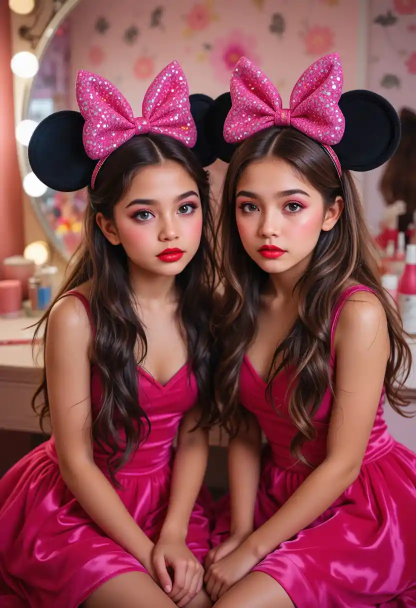 Nervous tween boys in Minnie dresses at a makeup vanity
