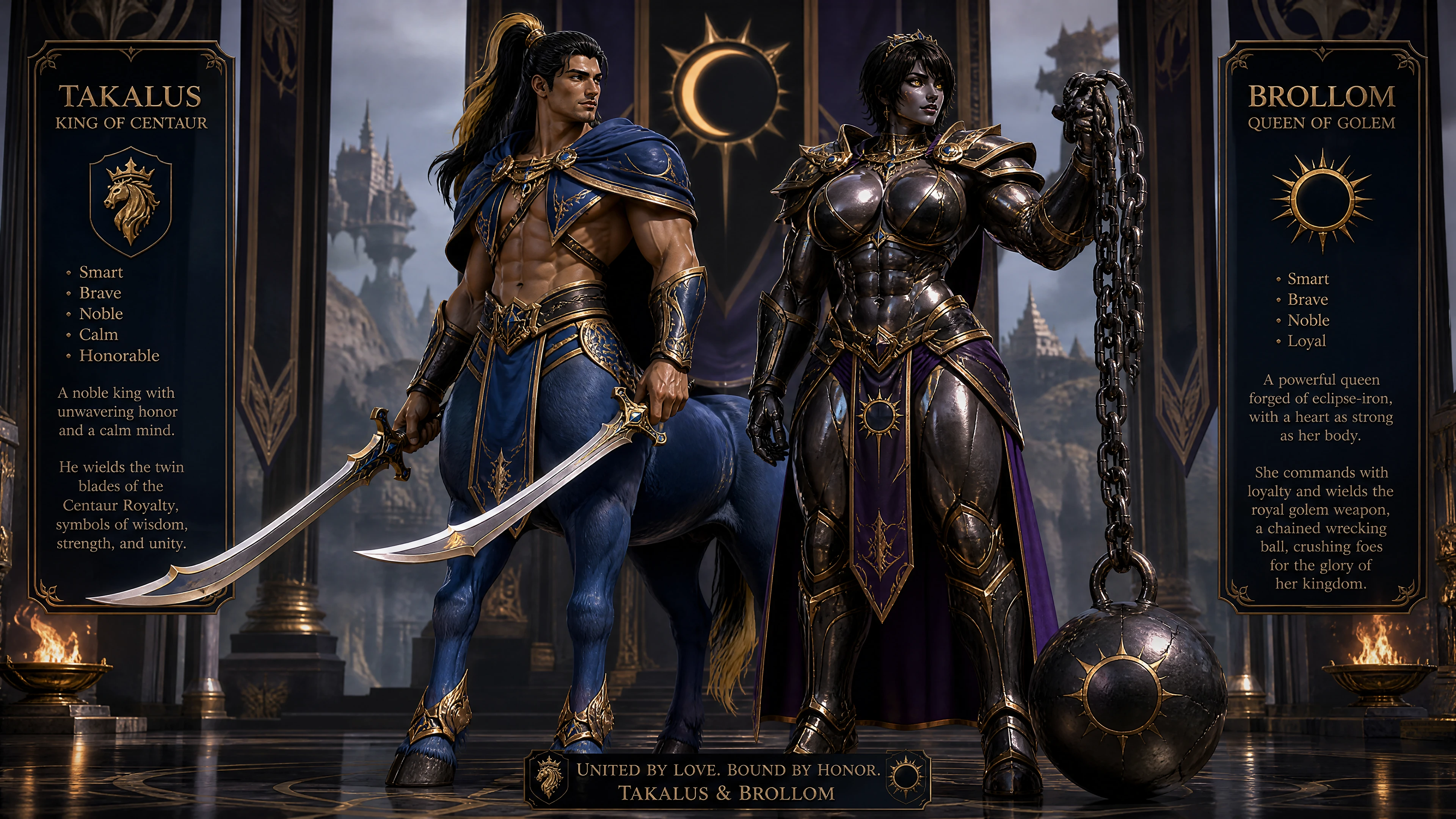 Noble rey centauro con cuerpo equino azul y espadas reales