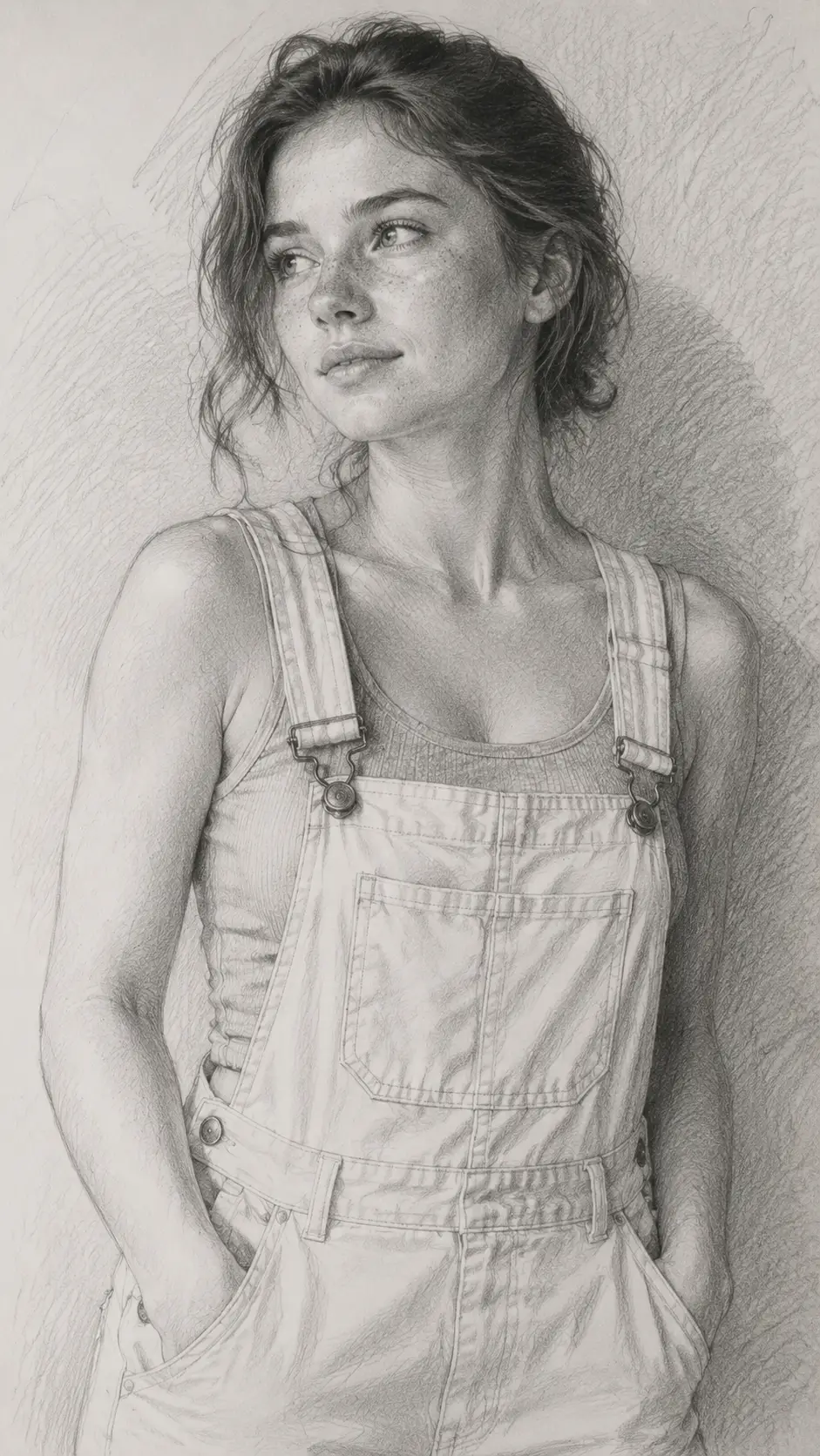 Graphite portrait of a young woman in yellow overalls