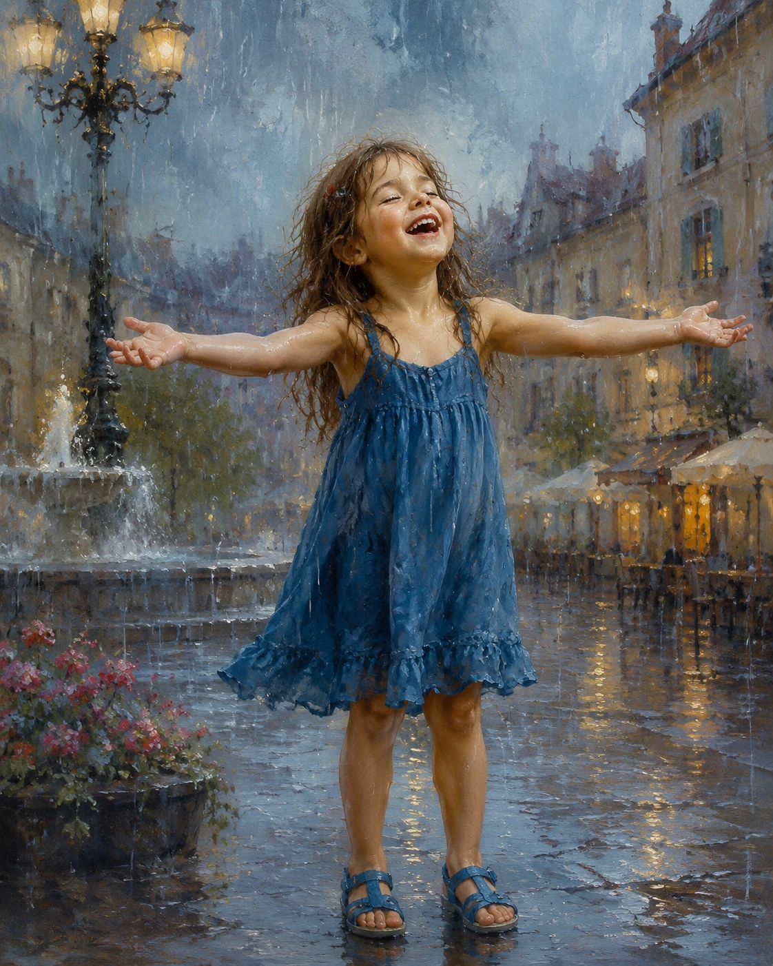 Chica riendo con vestido azul bajo la lluvia de verano en la ciudad