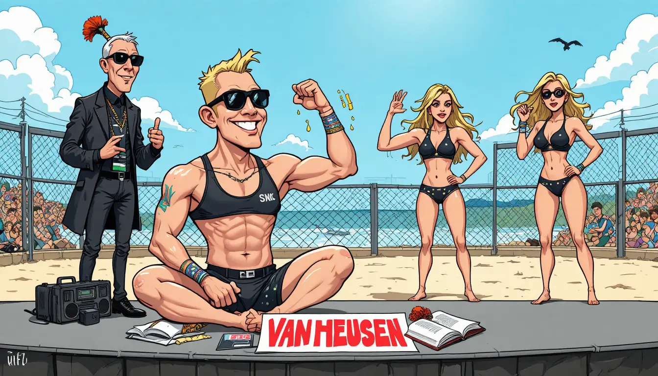 Caricatura humorística de dos hombres con atuendos contrastantes en la playa