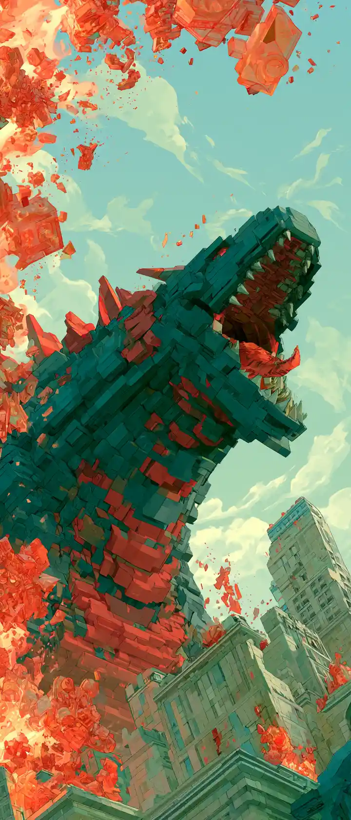 Dragon colossal en briques de plastique dominant une ville fragile