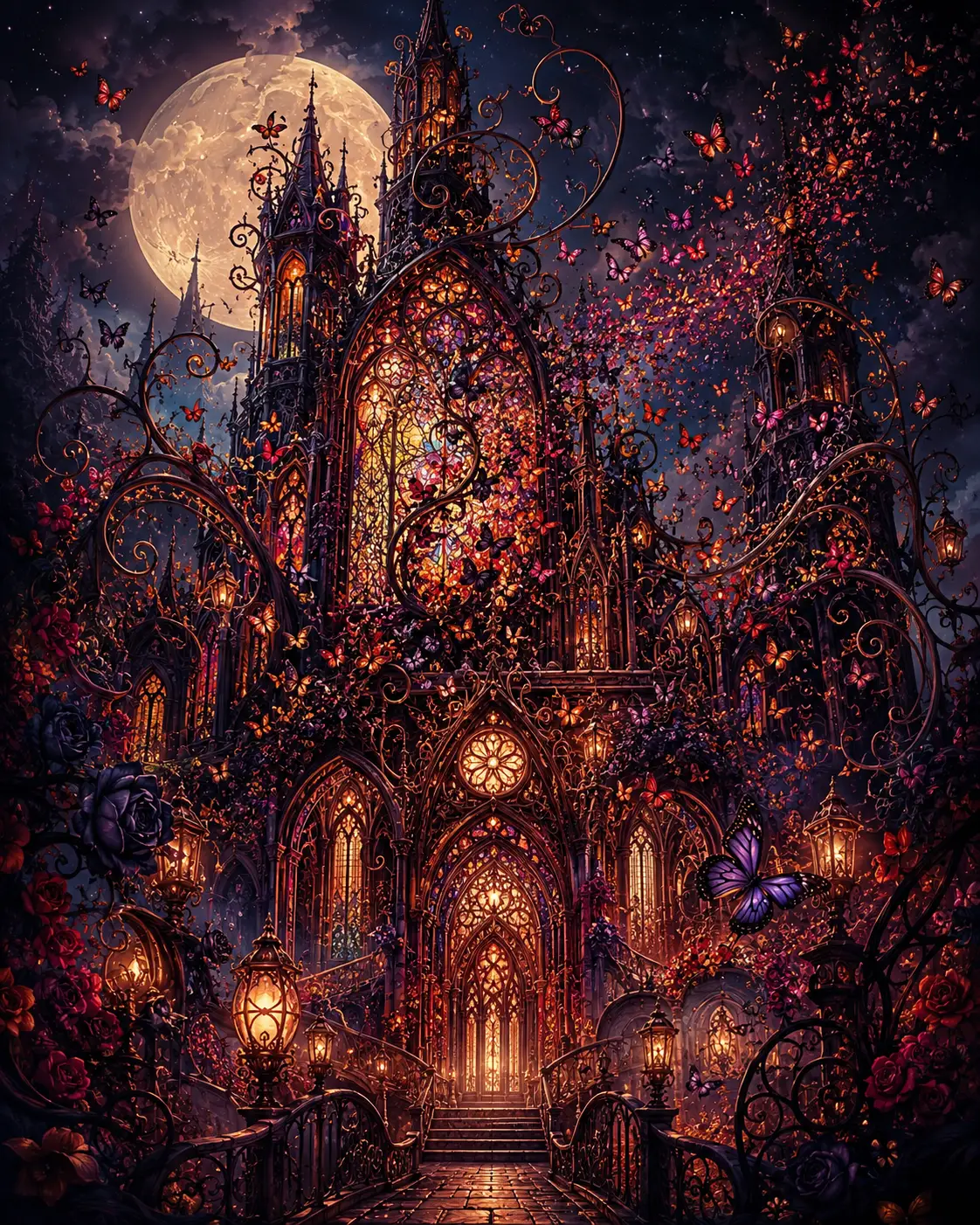 Catedral gótica de mariposas bajo la luz luminosa de la luna