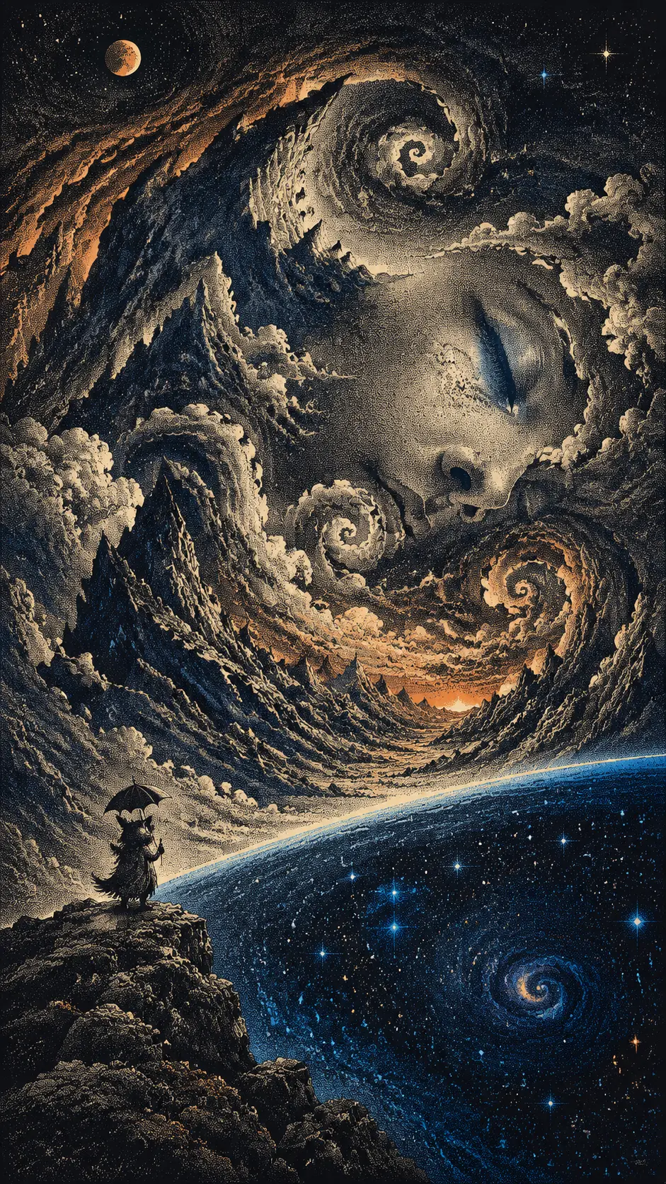Minúscula criatura sobre roca en vasta y surrealista cadena montañosa