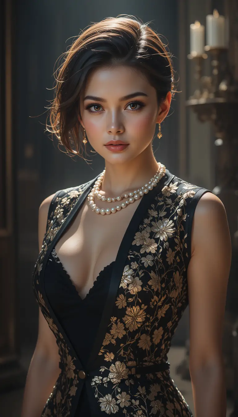 Mujer elegante con chaqueta negra floral y perlas