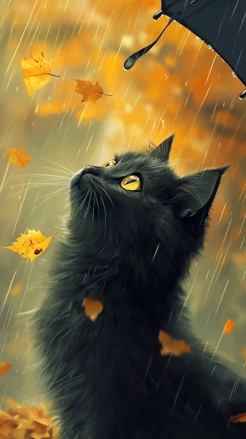 Gato bajo un paraguas en una suave lluvia de otoño