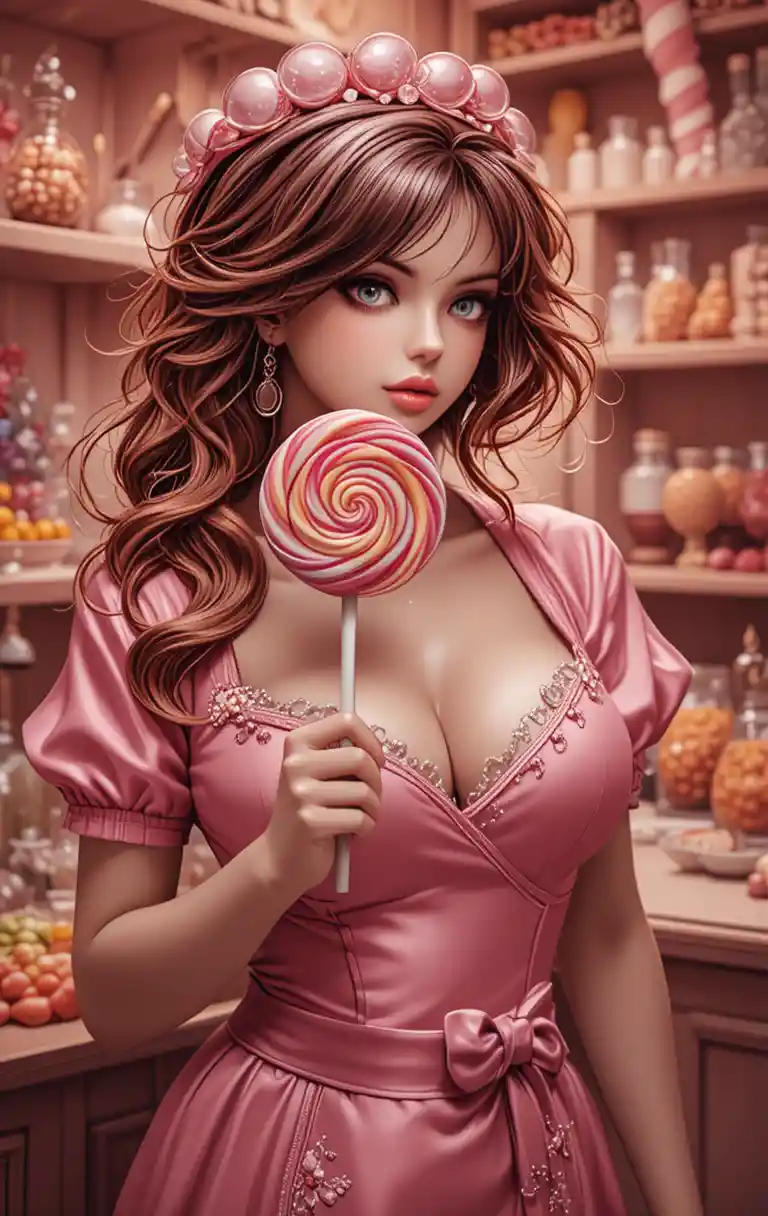 Dependienta curvilínea con piruleta gigante en tienda de dulces