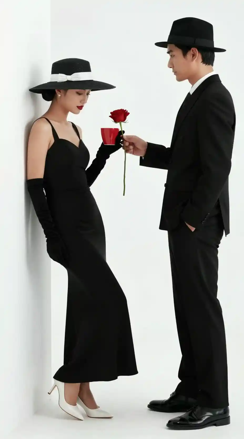 Pareja elegante con moda negra frente a pared blanca de estudio