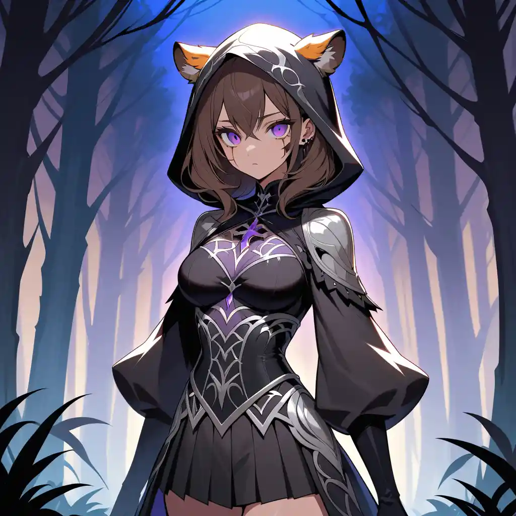 Gothic woman with tiger traits on a shadowy forest road