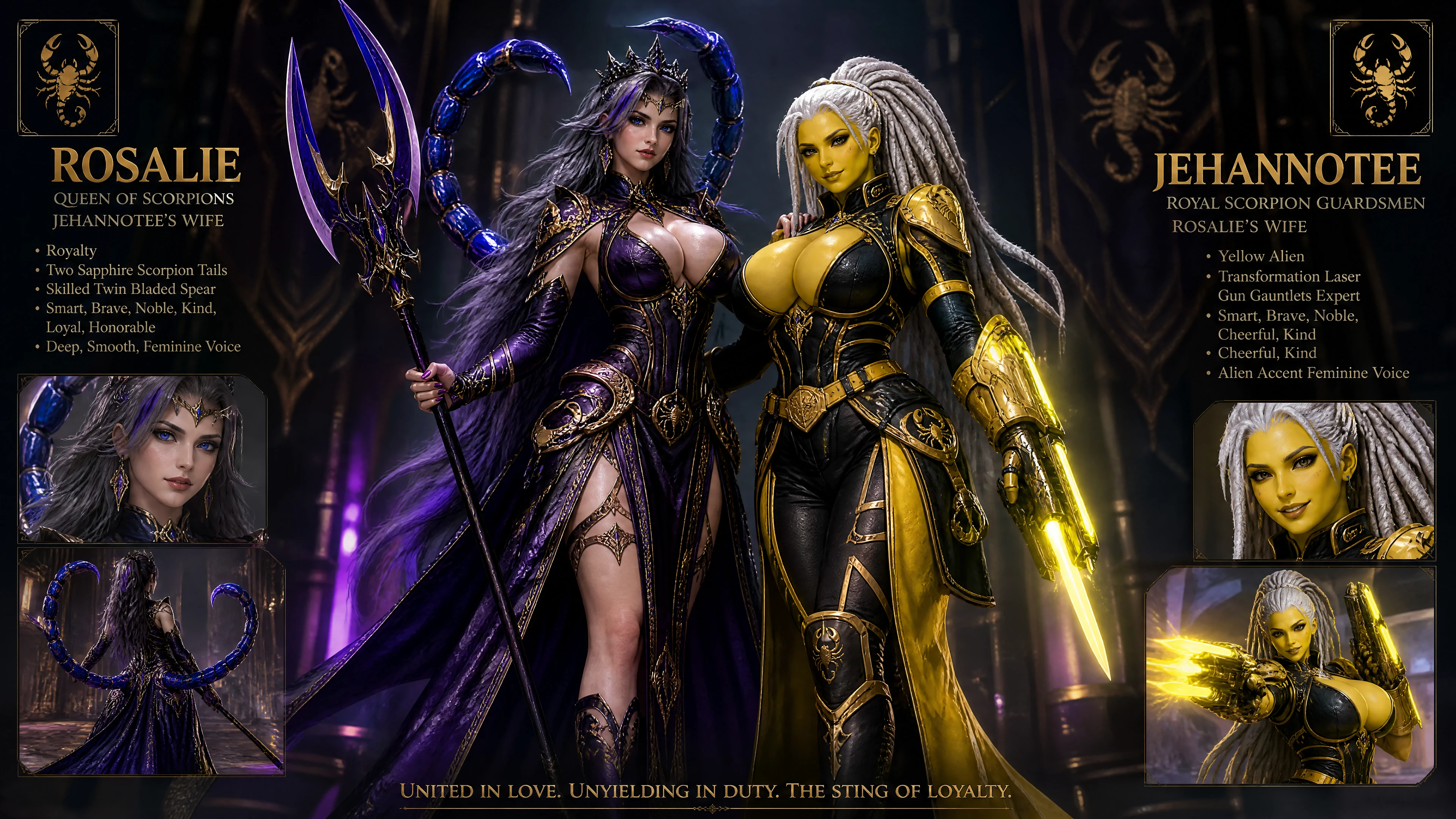 Fantasy scorpion queen with twin sapphire tails and spear