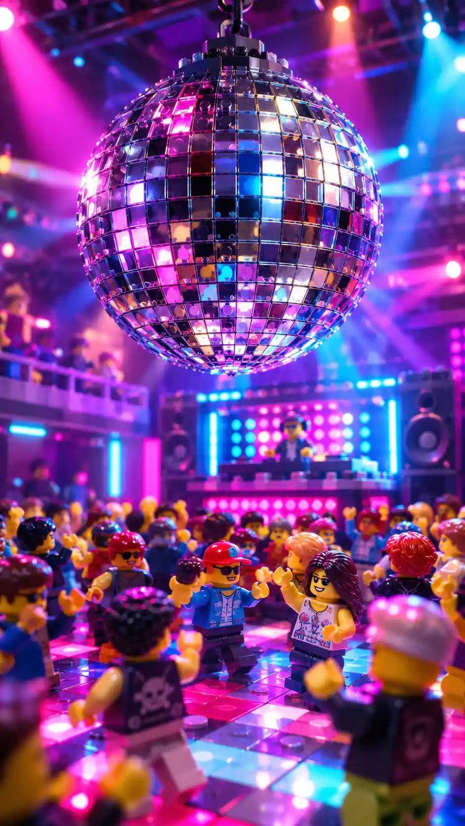 Primerísimo plano de una bola de discoteca de Lego sobre la pista de baile