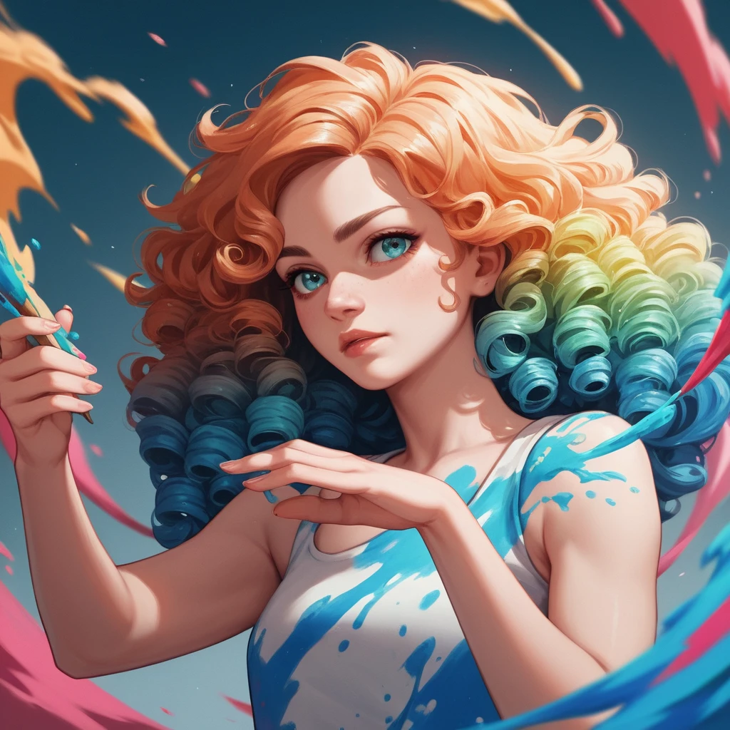 Joven con melena rizada y fluida y salpicaduras de pintura colorida